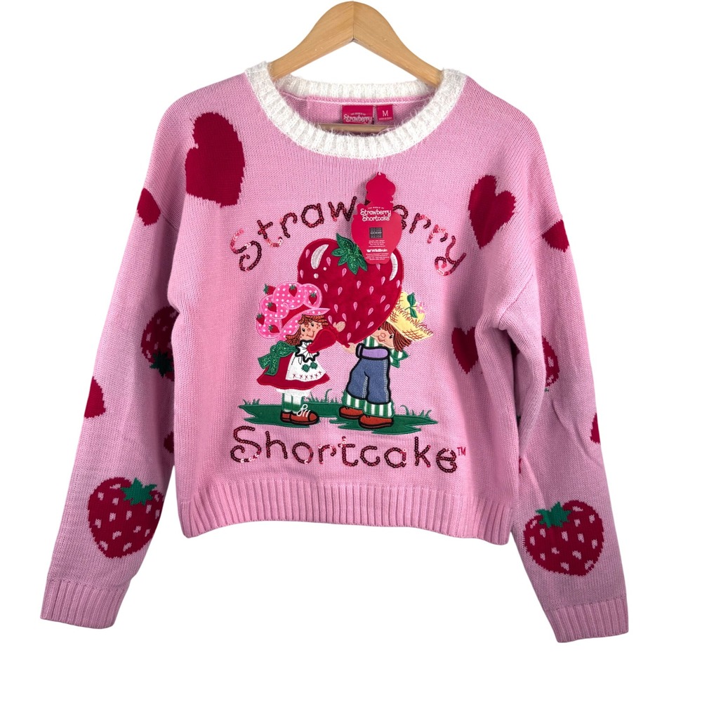 Strawberry‎ Shortcake Valentines day sequin embroidered sweater pink love sz M